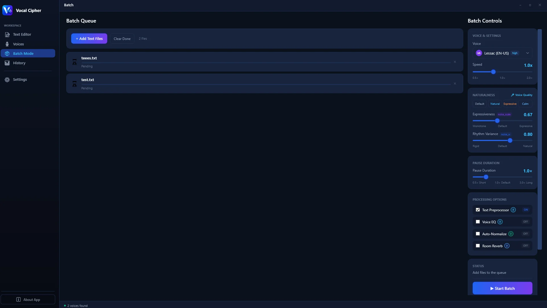 Vocal Cipher Batch Queue Workflow